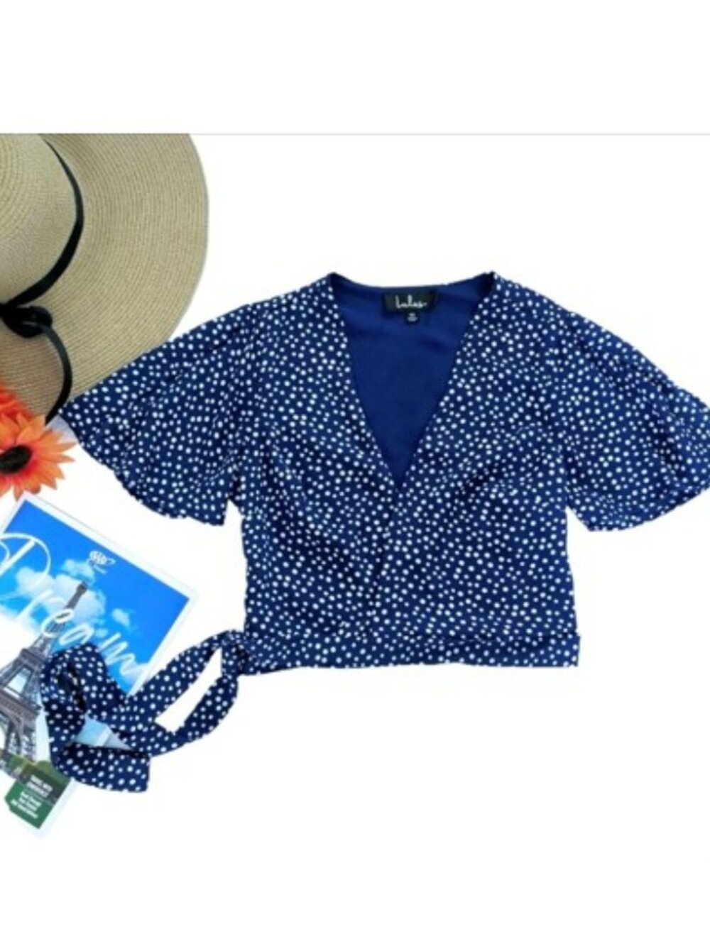 Lulu's Women's Wrap Blouse Size XS Blue White Polka Dots Crop Ties Rockabilly